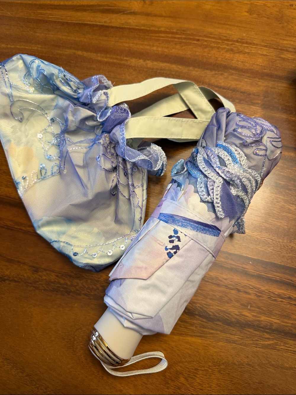 Lavender Floral Folding Umbrella with Lace Trim